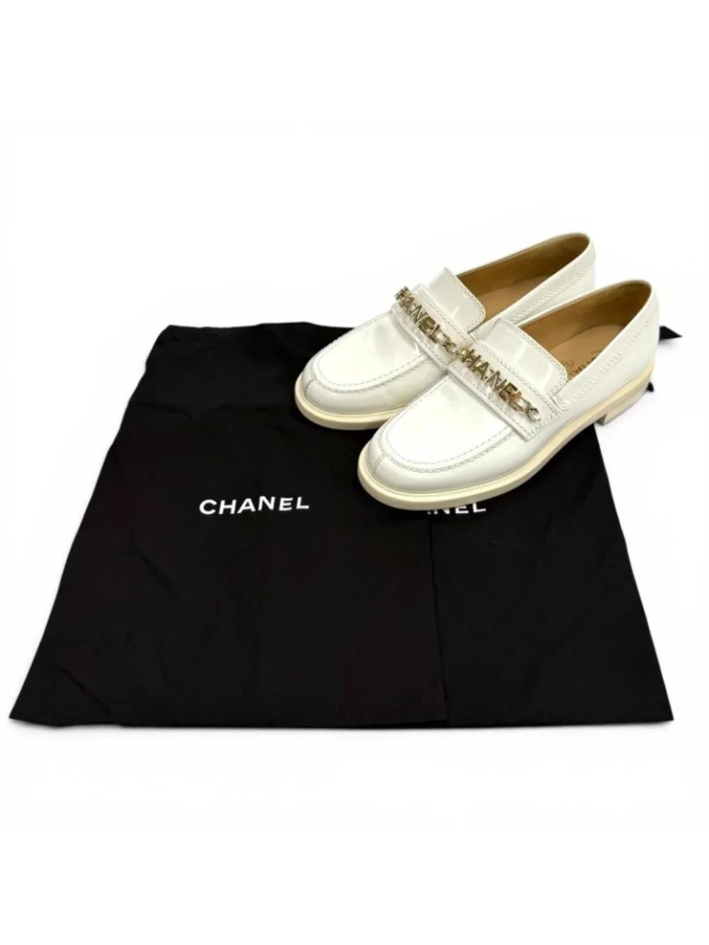 Chanel Logo CC Patent Leather Loafers White Gold